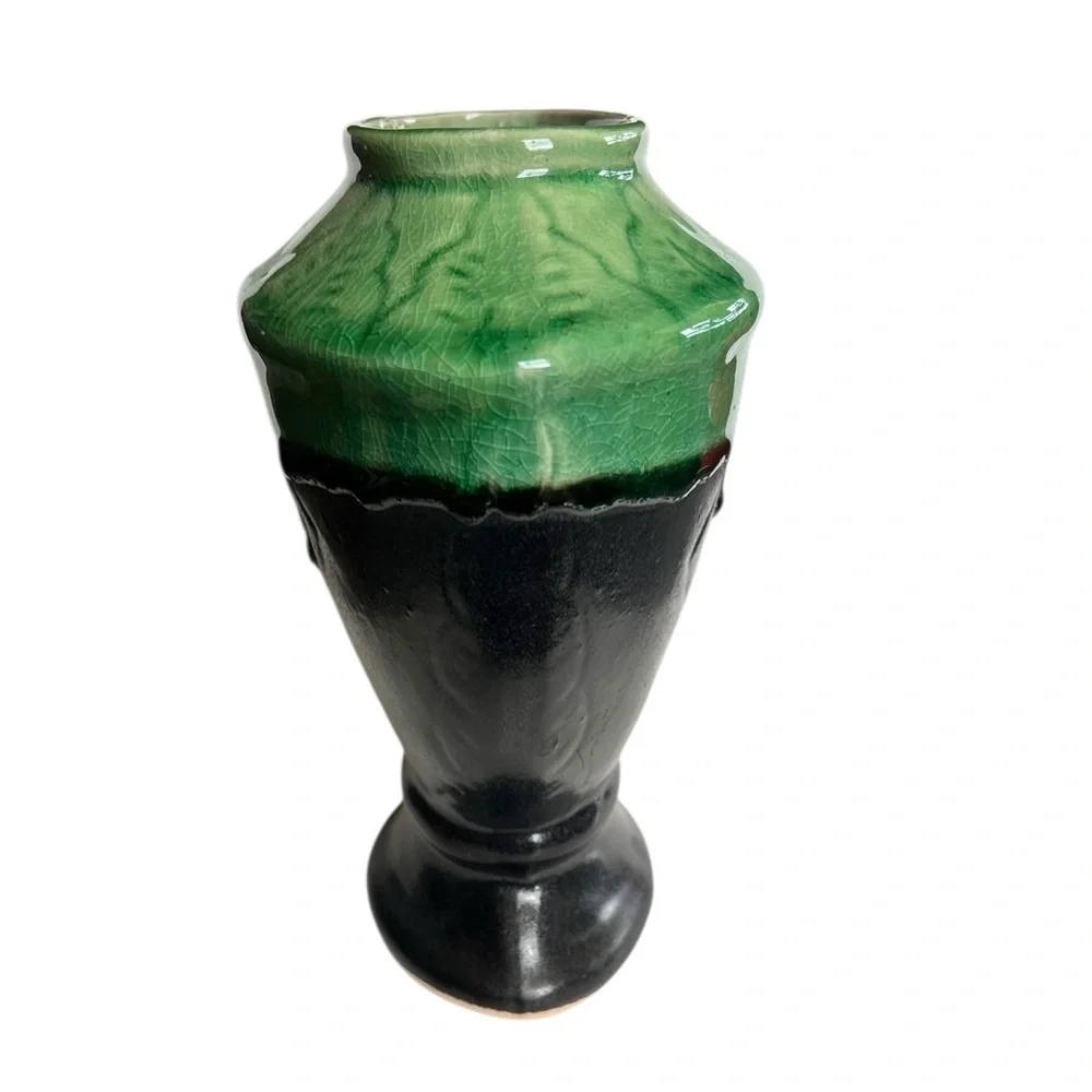 Vintage Art Deco Green & Black Drip Ceramic Vase Collectible Vietnam